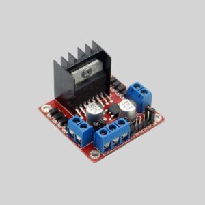 L298N Dual H-Bridge DC Motor Driver module showing heatsink and blue screw terminals.