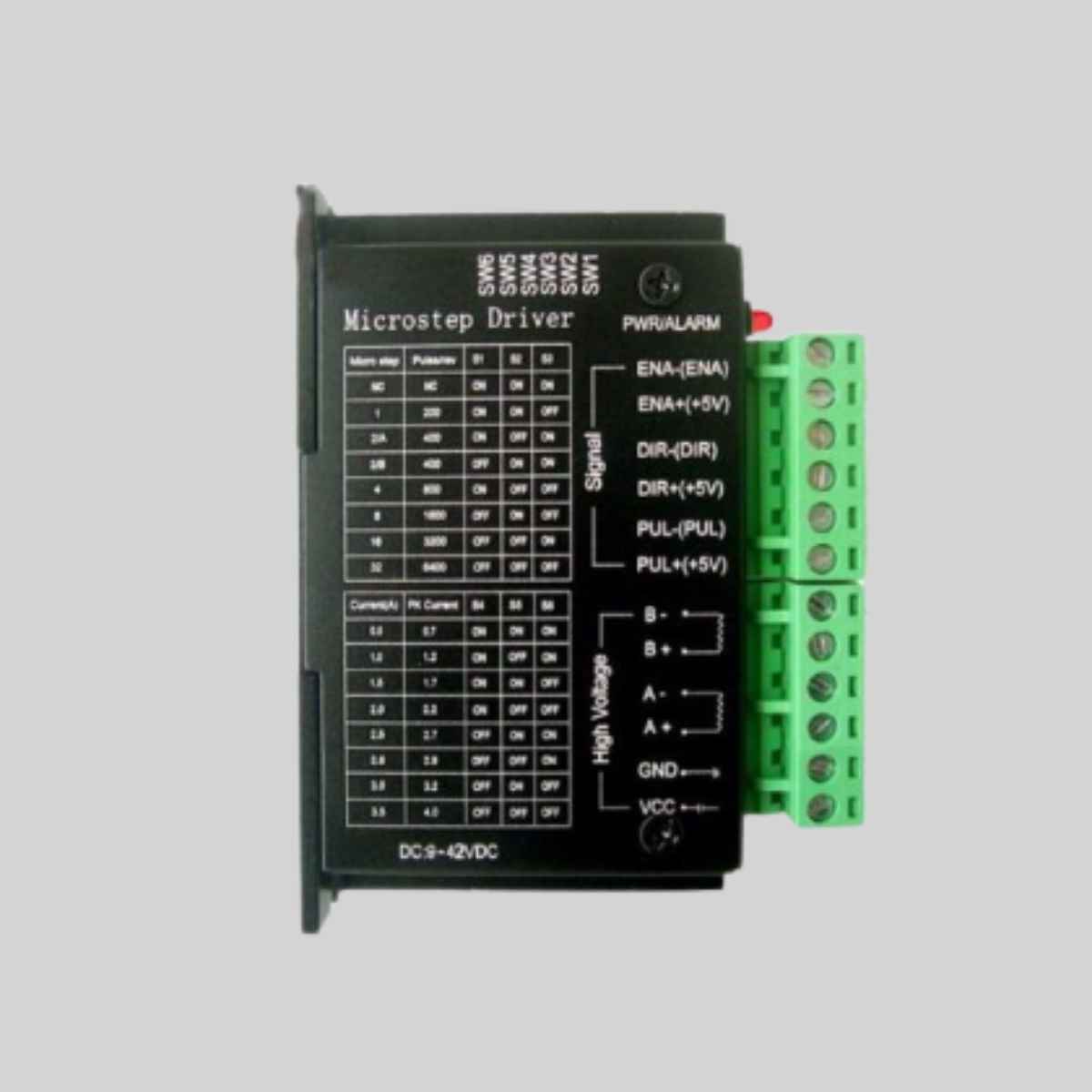 TB6600 Microstep Stepper Motor Driver showing DIP switch settings and screw terminals.