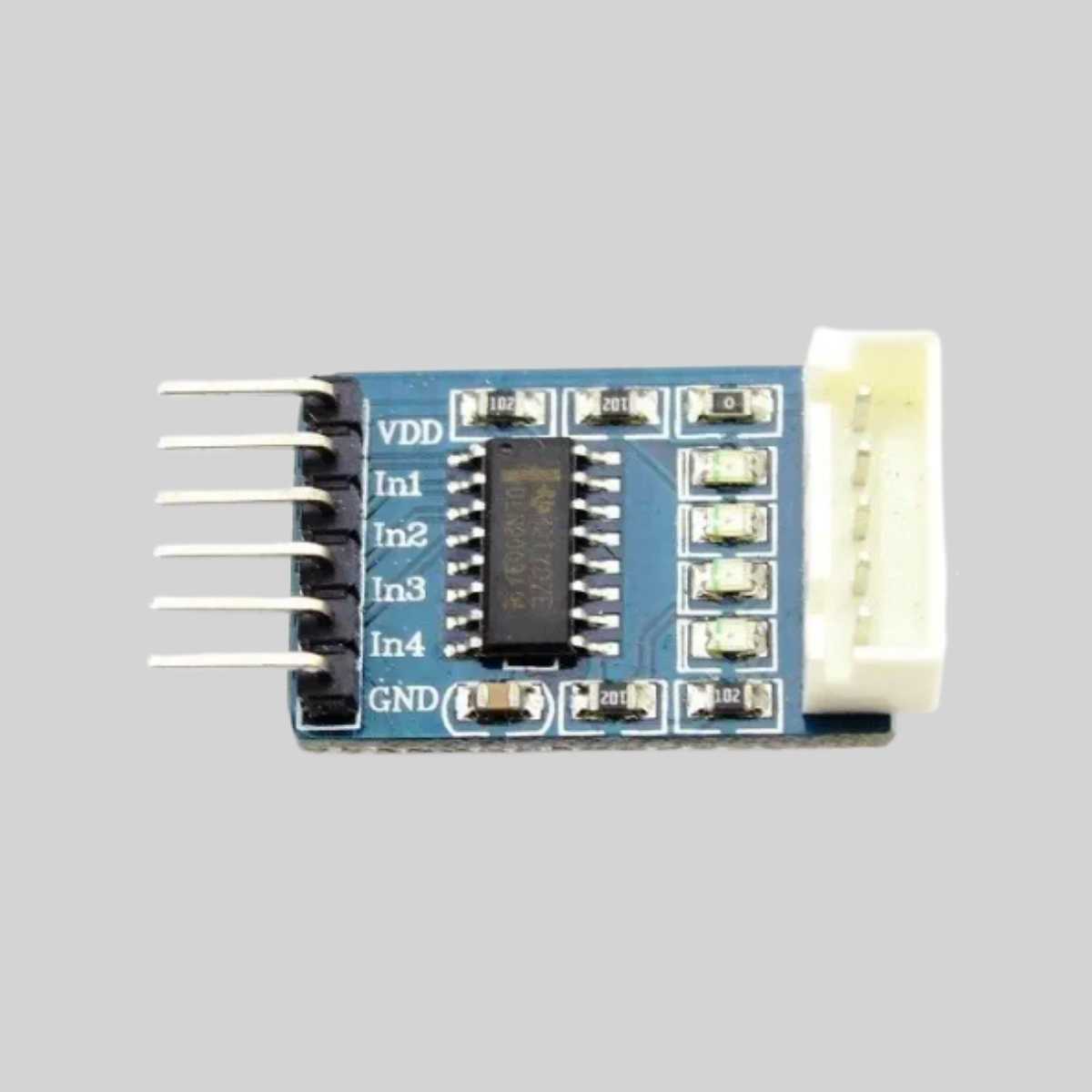 Close-up of the ULN2003 driver board showing the four onboard LED status indicators.