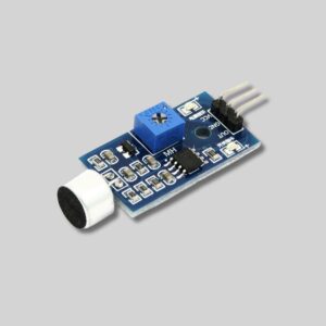 A sound detection sensor module featuring a microphone, blue potentiometer for sensitivity, and a 3-pin header for Arduino.